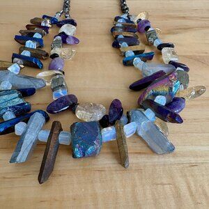 Chunky Aura Quartz Amethyst Pyrite Gemstone Statement Necklace